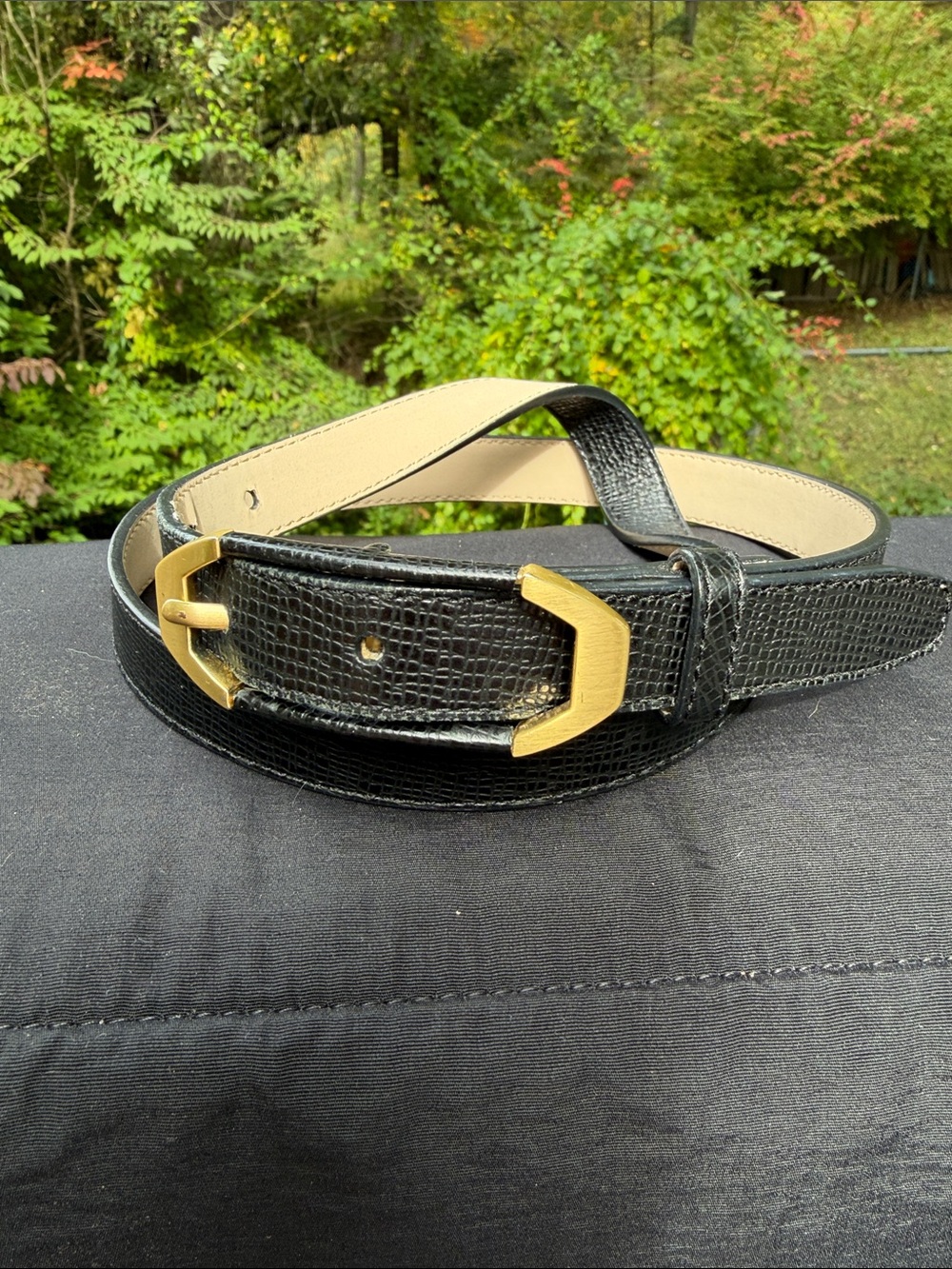 Cole Haan Black Textured Leather Belt with Gold-Tone Angular Buckle
